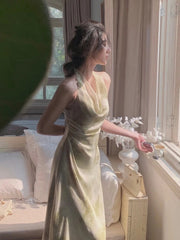 Aiertu Vintage Sexy Sleeveless Neck-mounted Party Maxi Dresses for Women Halter Spaghetti Strap Folds Midi Dress Elegant Fashion Summer Aiertu