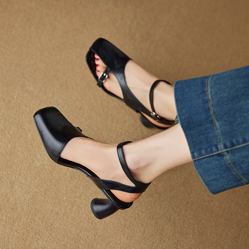Aiertu  NEW Summer Women Sandals Split Leather Shoes for Women Square Toe Kitten Heel Shoe Narrow Band Bcukle Strap Shoes Modern Sandals Aiertu