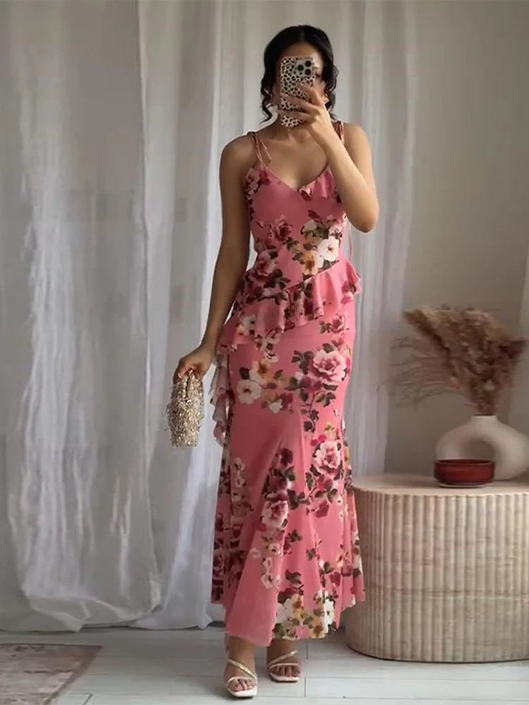 Aiertu  -  Elegant Women Sets Printed Ruched Long Skirts Set 2025 New Fashion Sexy V-neck Short Strap Tops Sets For Women 2 Pieces Aiertu