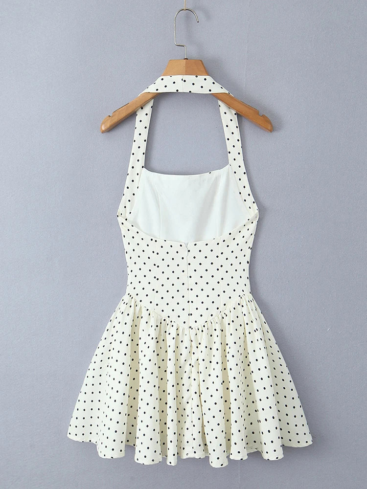 Aiertu  -  Backless Halter Polka Dot Dress For Women Plunge Bodycon Party Dress Sleeveless Elegant Chic MIni Pleated Dress A-line Aiertu