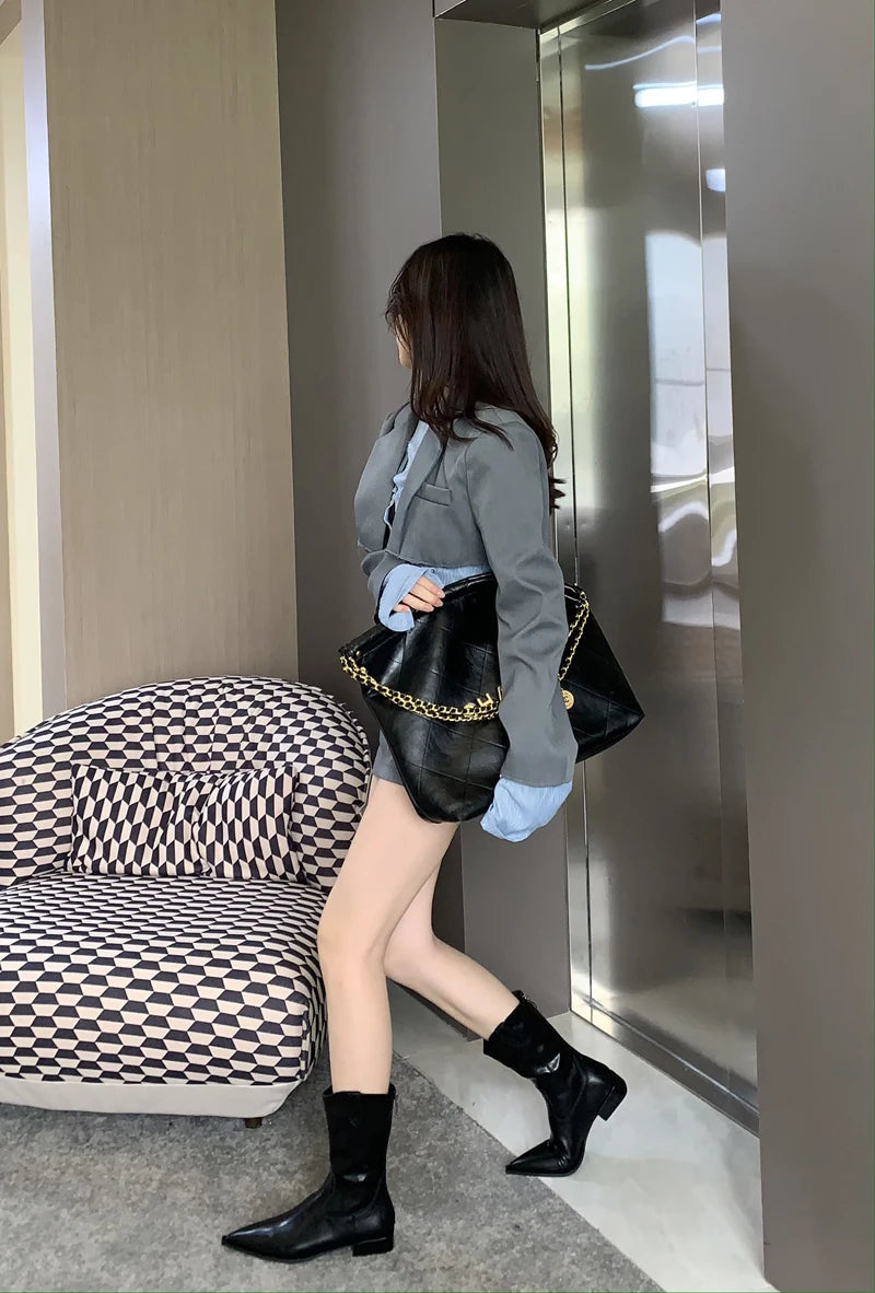 Aiertu    -  Black Pointed Toe Boots Woman Chunky Shoes Fall High Heels Brown Ankle Boots Back Zipper Ladies Shoes Aiertu