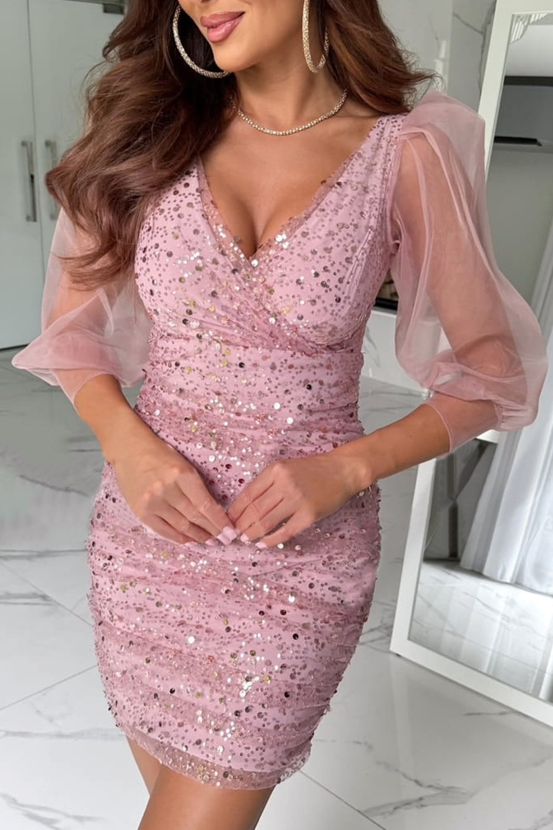 Aiertu  -  Sexy Sequins Sequined Mesh V Neck Wrapped Skirt Dresses Aiertu