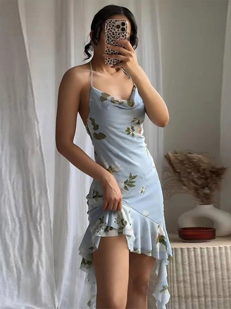Aiertu  -  Sleeveless Flower Print Dress Woman 2025 Tulle Mini Dresses For Women Summer Backless Sexy Dress Elegant Party Dresses Aiertu