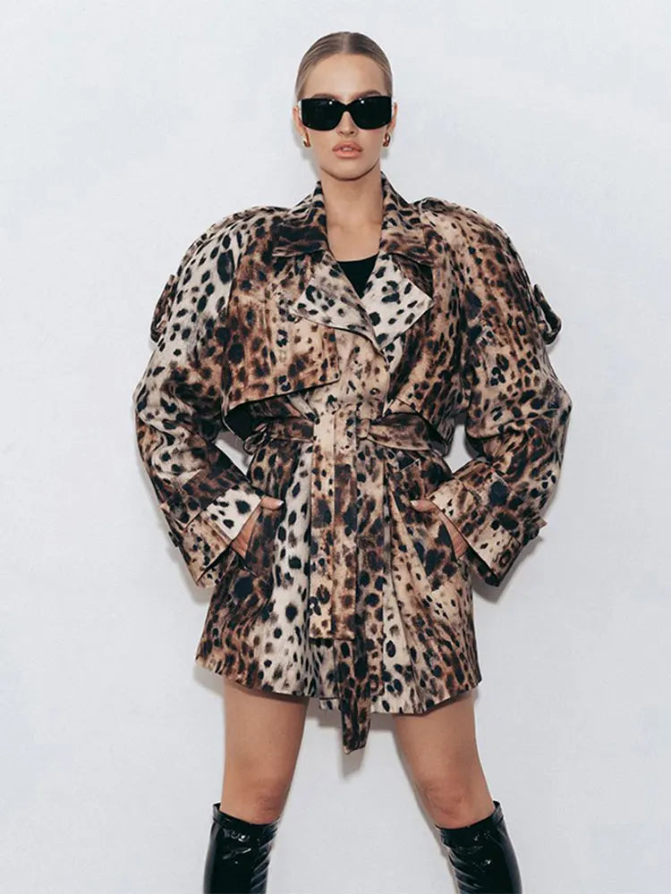 Aiertu  -  Chic Leopard Print Women's Mid-length Belted Trench Coat Fashion Lapel Long Sleeve Front Button Jacket Lady Streetwear Outercoat Aiertu