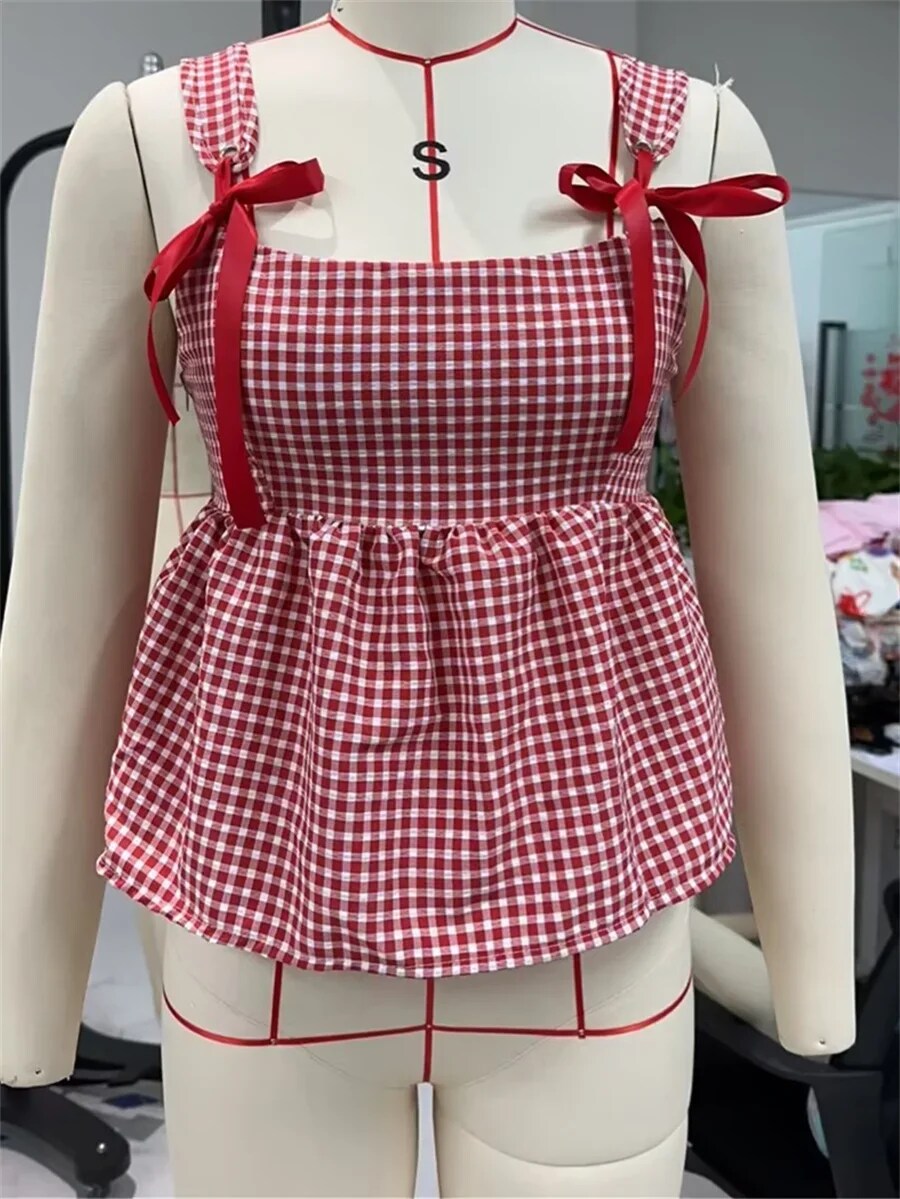Aiertu  -  Y2k Tank Top Sleeveless Women Red Gingham Bow Tie Down Camisole Ruffle Hem Peplum Tops Summer Streetwear Aiertu