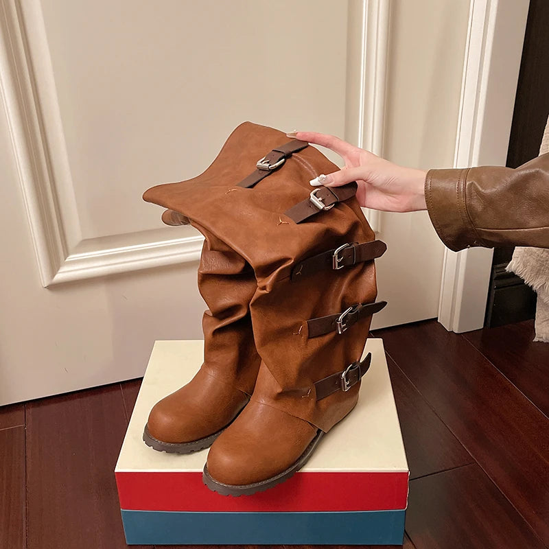 Aiertu    -  Women Knee-high Boots Summer Shoes Woman Knight Boots Woman Designer Buckle Chelsea Long Botas Pu Leather Motorcycle Shoes Aiertu