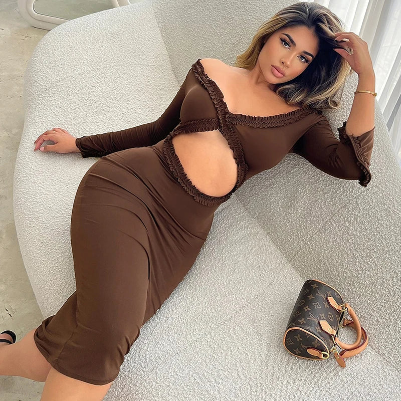 Aiertu  -  V Neck Sexy Hollow Out Ruched Lace Dress Women's Elegant Slim Dress Fill Sleeve Femme Holiday Beach Evening Dress Ladies Aiertu