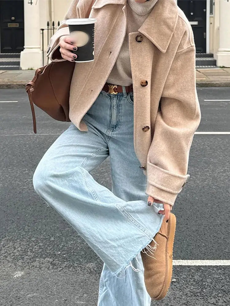 Aiertu  -  Fashion Single Breasted Lapel Collar Woolen Coat Women Long Sleeve Short Autumn Winter Jacket 2026 Female Elegant Chic Outerwear Aiertu
