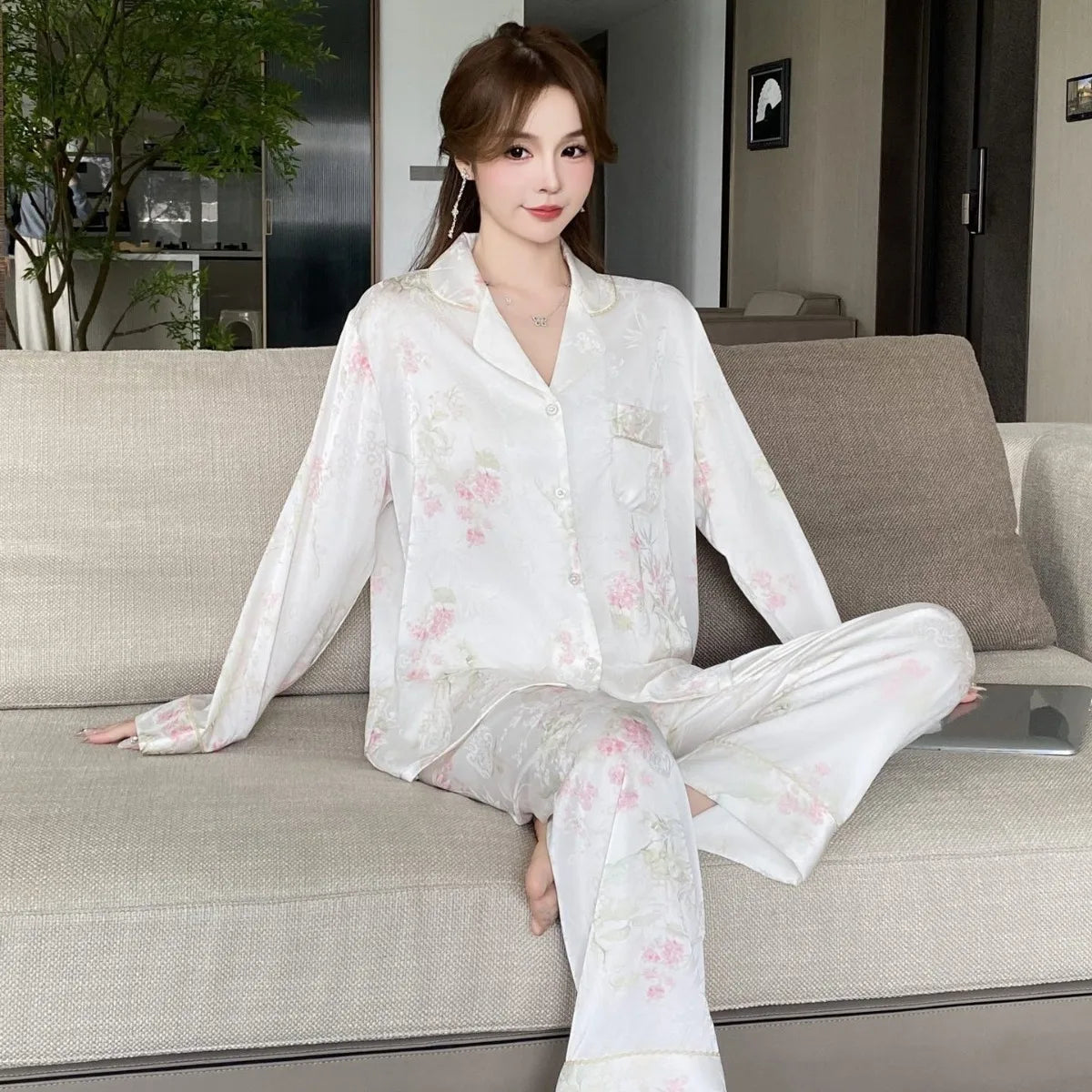 Aiertu  -  Satin Pajamas for Women Set Silk Pyjamas Loose Casual Sleepwear Long Sleeve Button Trousers 2 Piece Set Printing Homewear Outfit Aiertu