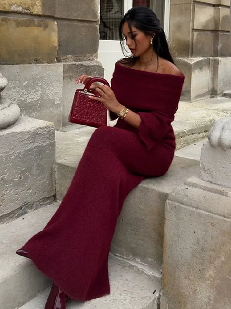 Aiertu       -  Off Shoulder Long Sleeve Knitted Maxi Dress Women Solid Fashion Backless Bodycon Vestidos 2026 New Lady Party Streetwear Aiertu