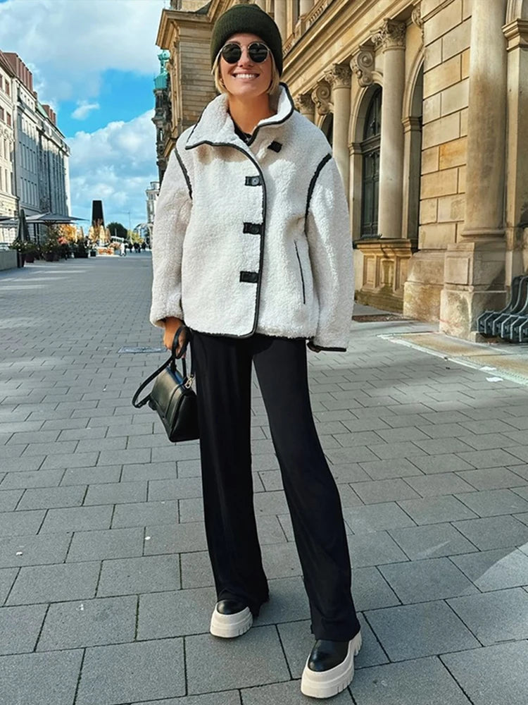 Aiertu  -  Street Patchwork Lamb Wool Women Jacket Full Sleeve Single Breasted Lady Coat Autumn Winter Soft Warm Female Outwear Aiertu