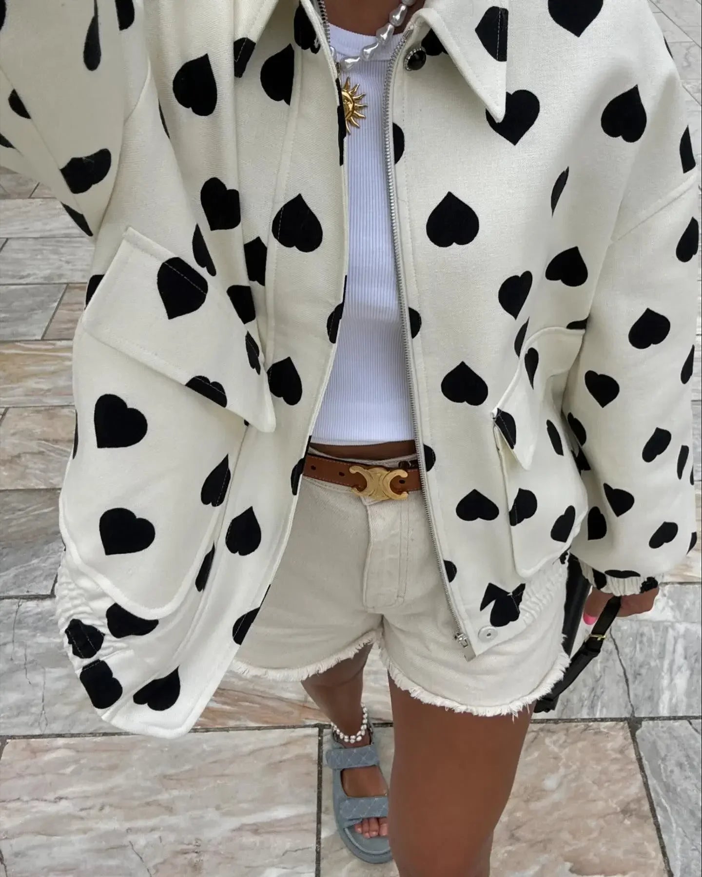 Aiertu  -  Chic Black Polka Hearts Lapel Jacket For Women Fashion Long Sleeves Pocket Zipper Coat 2026 Autumn Lady Casual Street Tops Aiertu