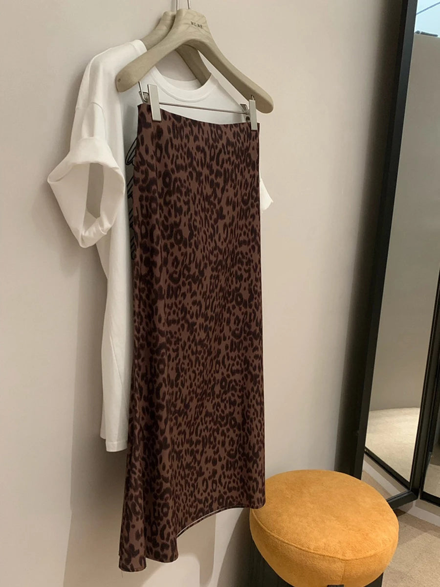 Aiertu  -  Vintage Leopard Draped Long Skirt Women Spring Summer High Waist Zipper A-line Fadas Bottom 2025 New Casual Fashion Midi Skirts Aiertu
