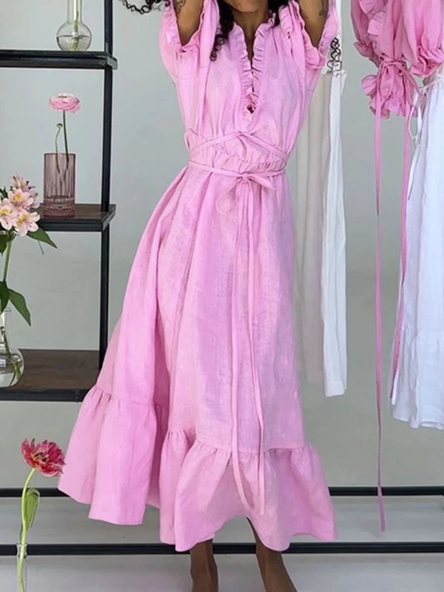 Aiertu  -  Summer White Elegant Holiday Long Dresses Women 2026 New V Neck Lace-up Puff Sleeve Maxi Dress Casual Fashion A-line Vestidos Aiertu