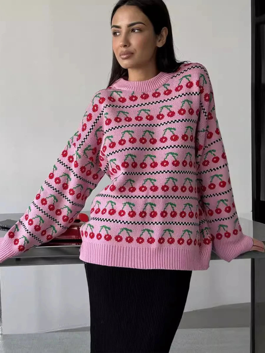 Aiertu  -  Women's Round Neck Cherry Printed Sweater Autumn Winter New Mid Length Fashion Top Retro Knitted Sweater Pullover Aiertu