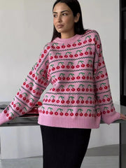 Aiertu  -  Women's Round Neck Cherry Printed Sweater Autumn Winter New Mid Length Fashion Top Retro Knitted Sweater Pullover Aiertu