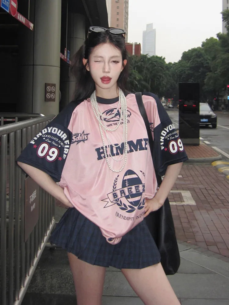 Aiertu  -  Satin Pink Sport T Shirts Women Letter Print Patchwork Short Sleeve Tops American Retro Summer Basketball Loose Clothes Aiertu