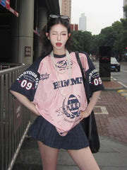 Aiertu  -  Satin Pink Sport T Shirts Women Letter Print Patchwork Short Sleeve Tops American Retro Summer Basketball Loose Clothes Aiertu