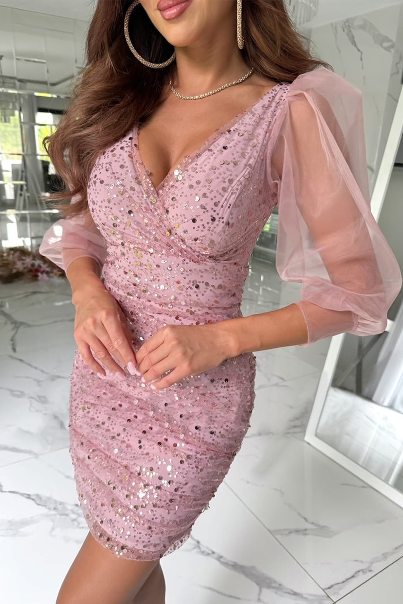Aiertu  -  Sexy Sequins Sequined Mesh V Neck Wrapped Skirt Dresses Aiertu