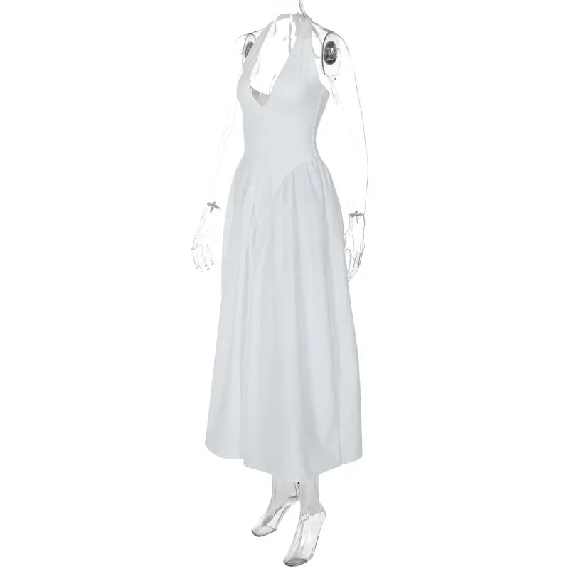 Aiertu  -  Sexy Deep V Hollow Halterneck Large Hem Dress For Women Solid High Waisted Backless Splice Summer New Vacation Long Dress Aiertu