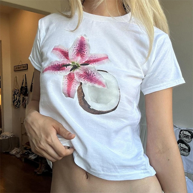 Aiertu  y2k Crop Top Women Baby Tee Floral Print Round Neck Short Sleeve T Shirt Fairycore Aesthetic 2000s Clothes Streetwear Aiertu