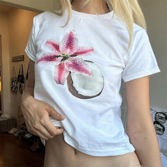 Aiertu  y2k Crop Top Women Baby Tee Floral Print Round Neck Short Sleeve T Shirt Fairycore Aesthetic 2000s Clothes Streetwear Aiertu