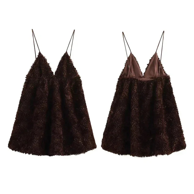 Aiertu  -  Vintage Deep V Neck Solid Women Dresses Fluffy Mesh Solid Female Mini Dress 2025 Fashion Sexy Flower Backless Lady Vestidos Aiertu