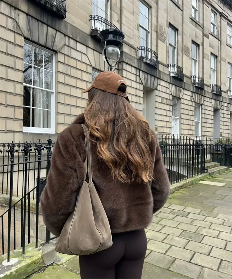 Aiertu  -  casual winter outfits 2024 Winter Brown Fluffy Faux Fur Short Coat Women Elegant Lapel Long Sleeve Plush Soft Warm Jacket Lady High Streetwear Aiertu