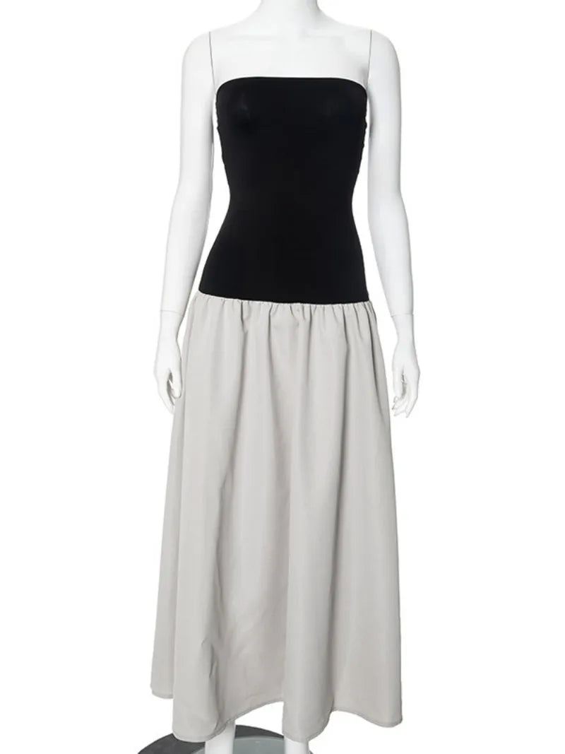 Aiertu  -  Woman Clothing Vintage Strapless Print Patchwork A-line Holiday Dress Female Sexy Sleeveless Black Long Party Evening Dresses Aiertu