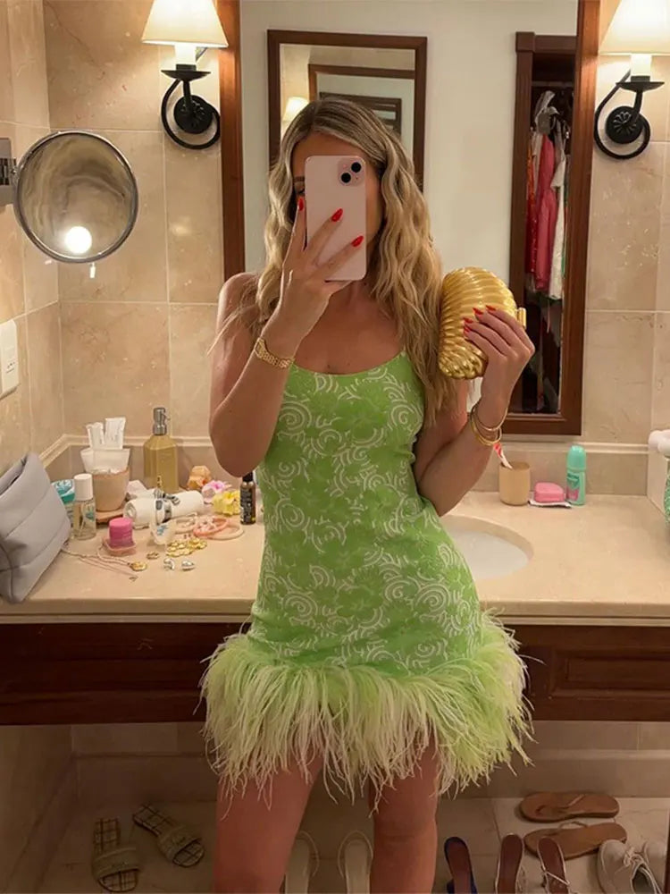 Aiertu  -  Sexy Green Print Feather Hem Bodycorn Sling Dress Women Sleeveless Backless Mini Dresses Female Chic Party Club Evening Vestidos Aiertu