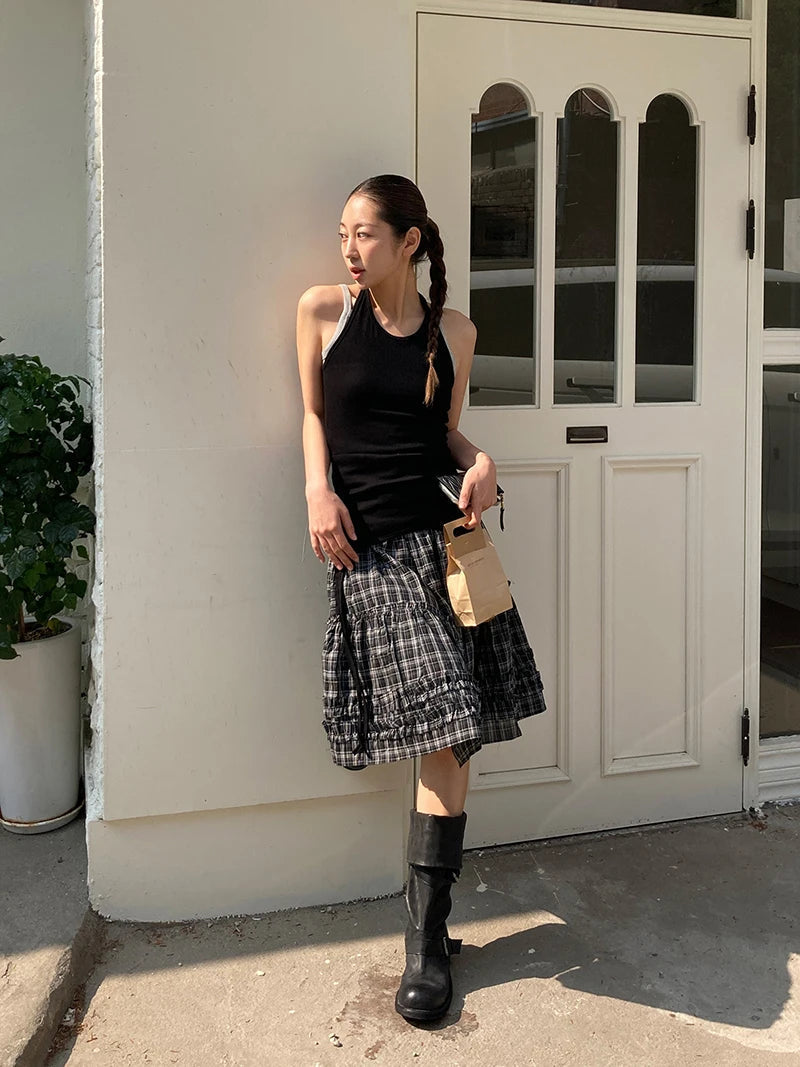 Aiertu  -  Vintage Plaid Mini Skirt Women Japanese Harajuku Ruffles Patchwork Black Skirts Summer High Waist Casual A Line Faldas New Aiertu