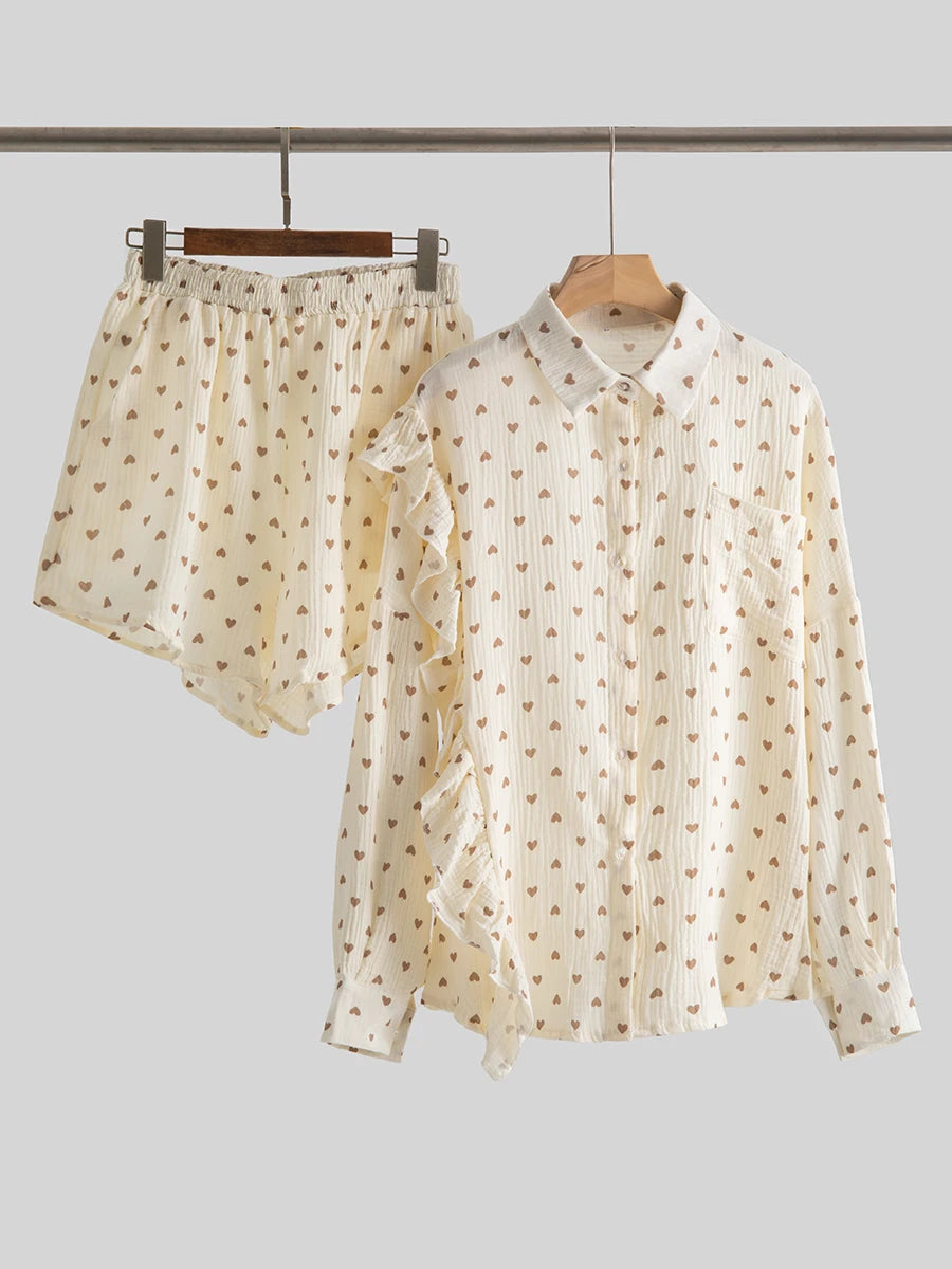 Aiertu  -   2026 New Heart Printed Short Set Women Long Sleeve Pocket Ruffle Cardigan+Short Pants Sets Spring Summer Casual Chic 2 Piece Set Aiertu
