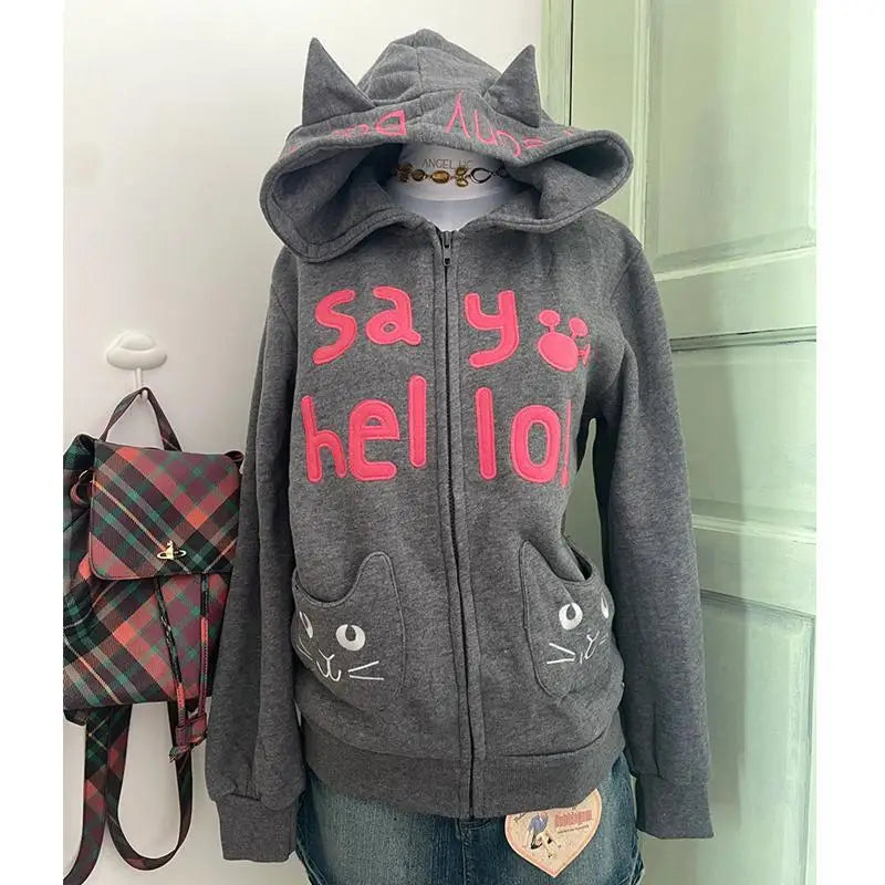 Aiertu  -  American Street Cartoon Cat Embroidered Cardigan Hooded Warm Top for Women Y2k Harajuku Loose Design Zipper Cat Ear Coat Ins Aiertu