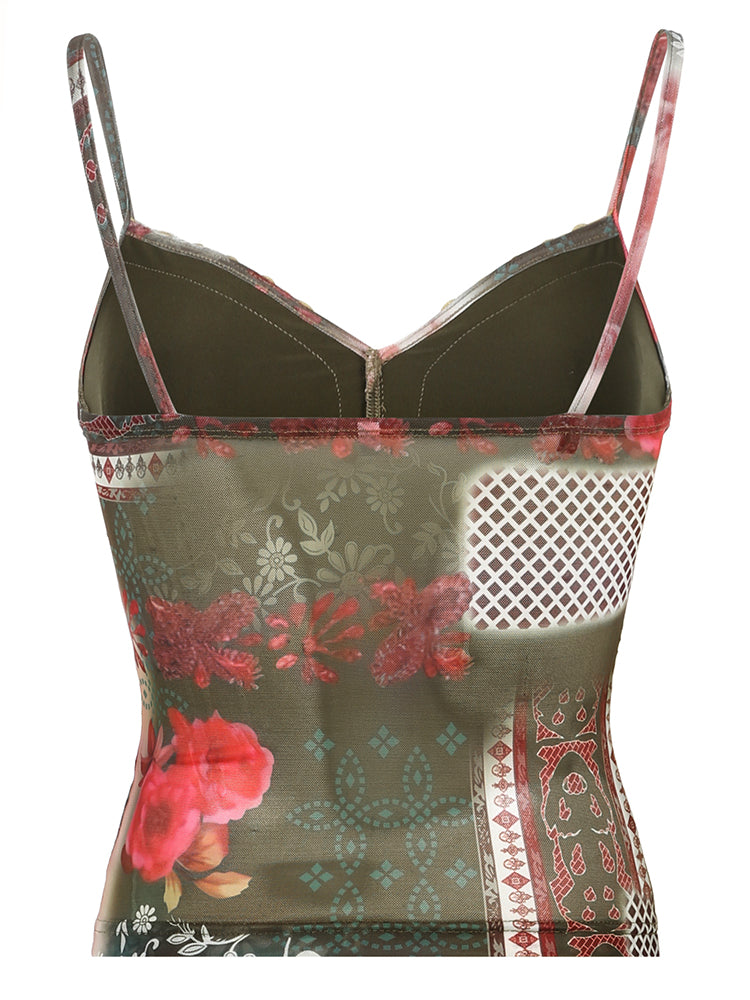 Aiertu - summer inspo Plant And Floral Print Vintage Y2K Aesthetic Mesh Camisole Women Tie Lace Trim Cute Kawaii Clothes Aiertu