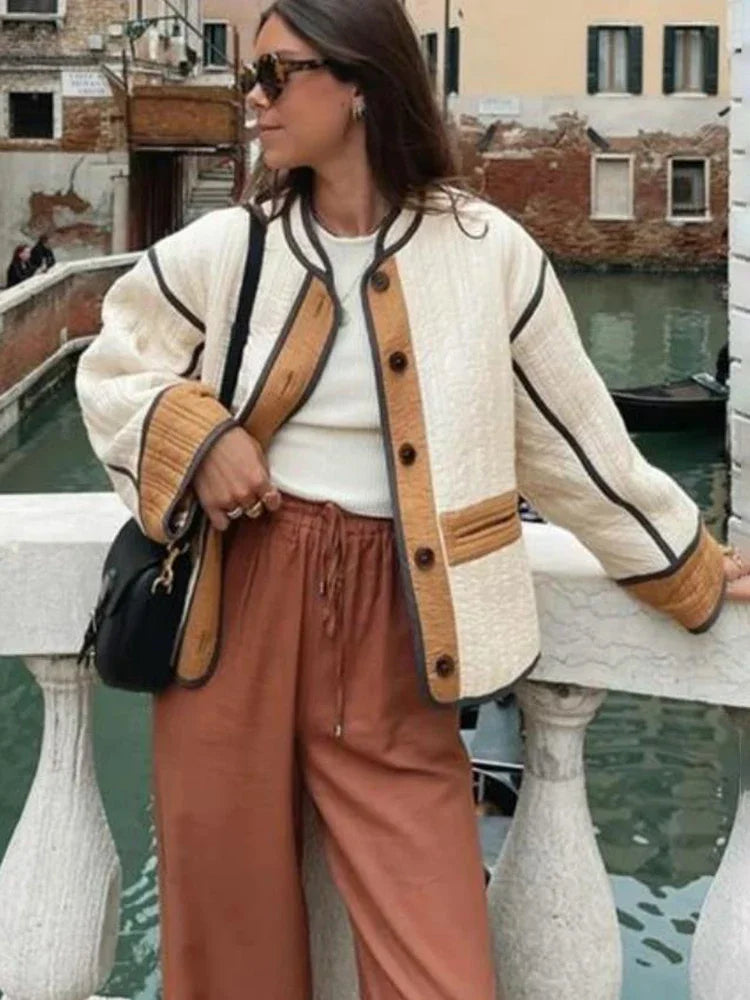 Aiertu  -  Fashion Contrast Cotton Jacket Coat Women Single Breasted Splice Quilted Thermal Jacket Pocket Autumn Lady Casual Outwear Aiertu