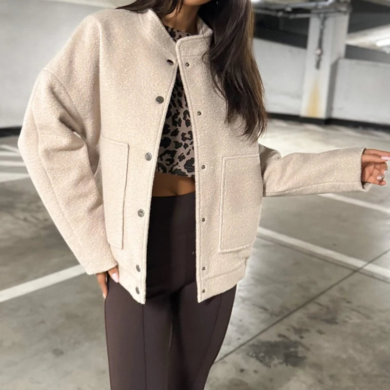 Aiertu  -  Women Elegant Stand Collar Solid Short Jackets Autumn Casual Long Sleeves Loose Outerwears Winter Fashion Single Breasted Coats Aiertu