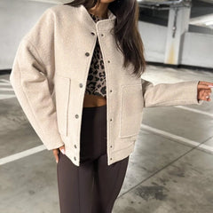 Aiertu  -  Women Elegant Stand Collar Solid Short Jackets Autumn Casual Long Sleeves Loose Outerwears Winter Fashion Single Breasted Coats Aiertu