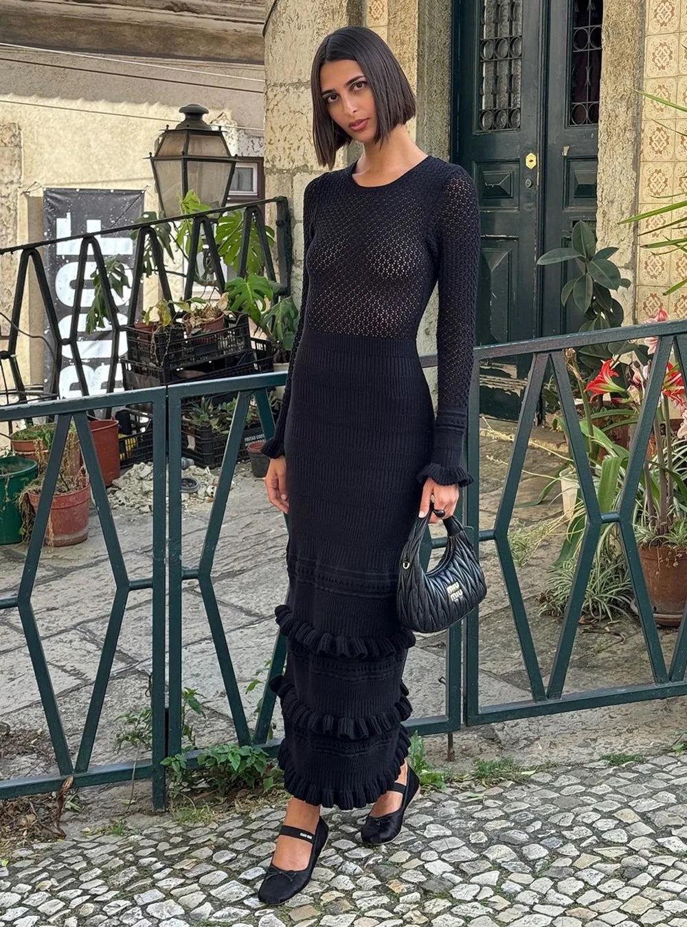 Aiertu  -  Women's Ruffle Edge Tight Knit Long Dresses Elegant O Neck Long Sleeve Maxi Dresses 2026 New Female Knitwear Street Robes Aiertu