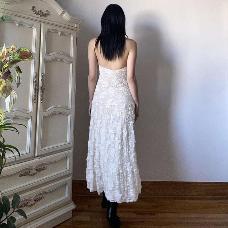 Aiertu - White Floral Lace Halter Maxi Dress Aiertu