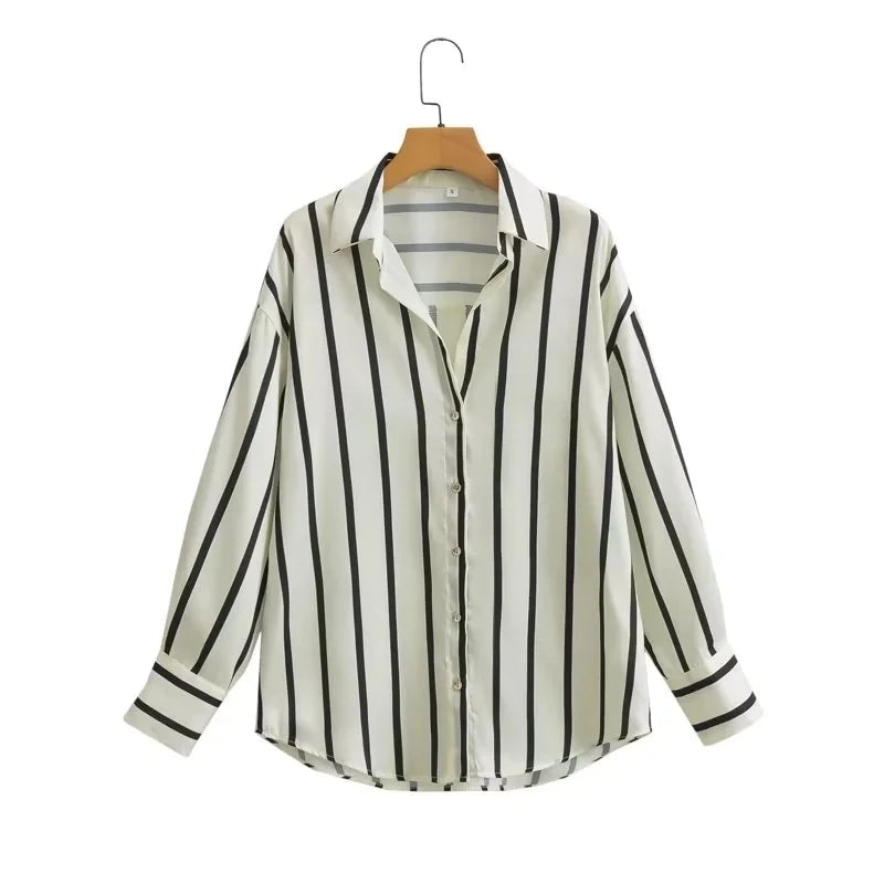 Aiertu  -  Stripes Shirt Women Autumn Spring Black Casual Loose Blouse Turn Down Collar Chic Vintage Oversize Female Blusa Aiertu