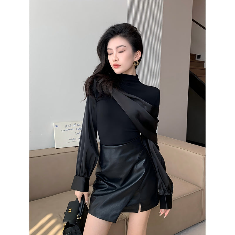 Aiertu Elegant Black Shirts Women Fashion Luxury Patchwork Blouses Office Ladies Korean Long Sleeve Slim Chic Design Tops New Aiertu