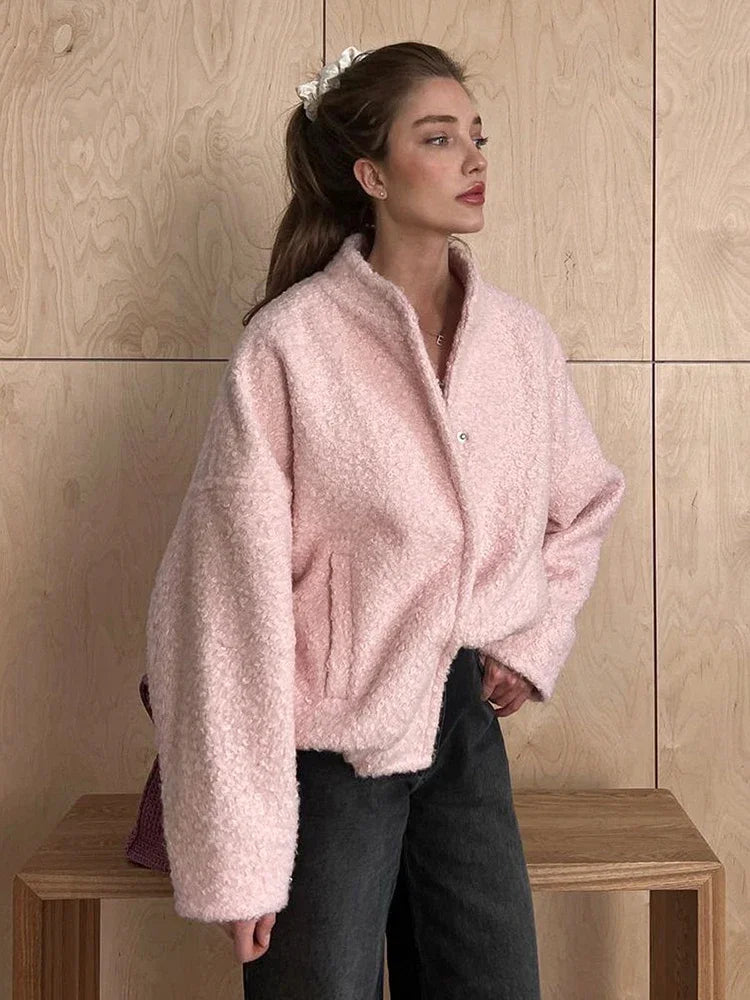 Aiertu  -  Pink Short Fur Jacket Coat For Women Autumn Winter Casual Stand Collar Pocket Loose Fashion Long Sleeve Jacket Top Female Aiertu
