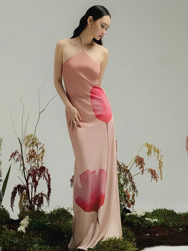 Aiertu  -  Fashion Printed Backless Maxi Dress Female Summer 2025 Slim Sleeveless Contrast Loose Halter Dress Women's Y2k Long Dress Aiertu