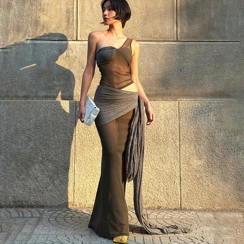 Aiertu  -  Fashion One Shoulder Maxi Dress Club Outfits Sleeveless Hot See Through Wrap Dresses Sexy Cut Out Vestido Clothes Aiertu