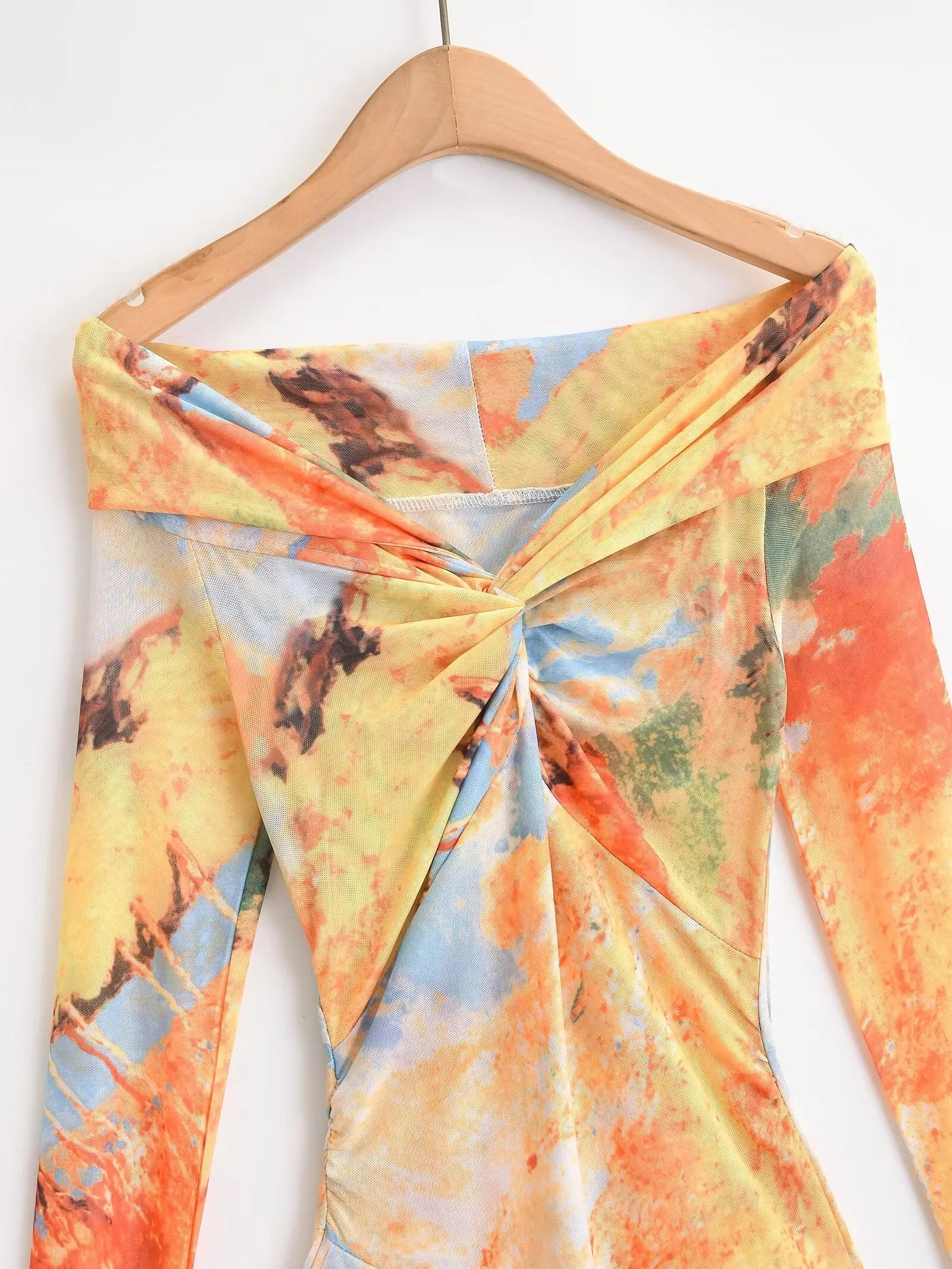 Aiertu  -  European and American style mesh print one shoulder sexy slim dress female autumn new irregular long skirt Aiertu