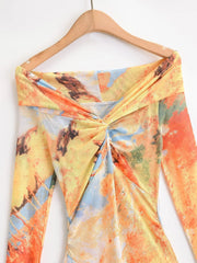 Aiertu  -  European and American style mesh print one shoulder sexy slim dress female autumn new irregular long skirt Aiertu