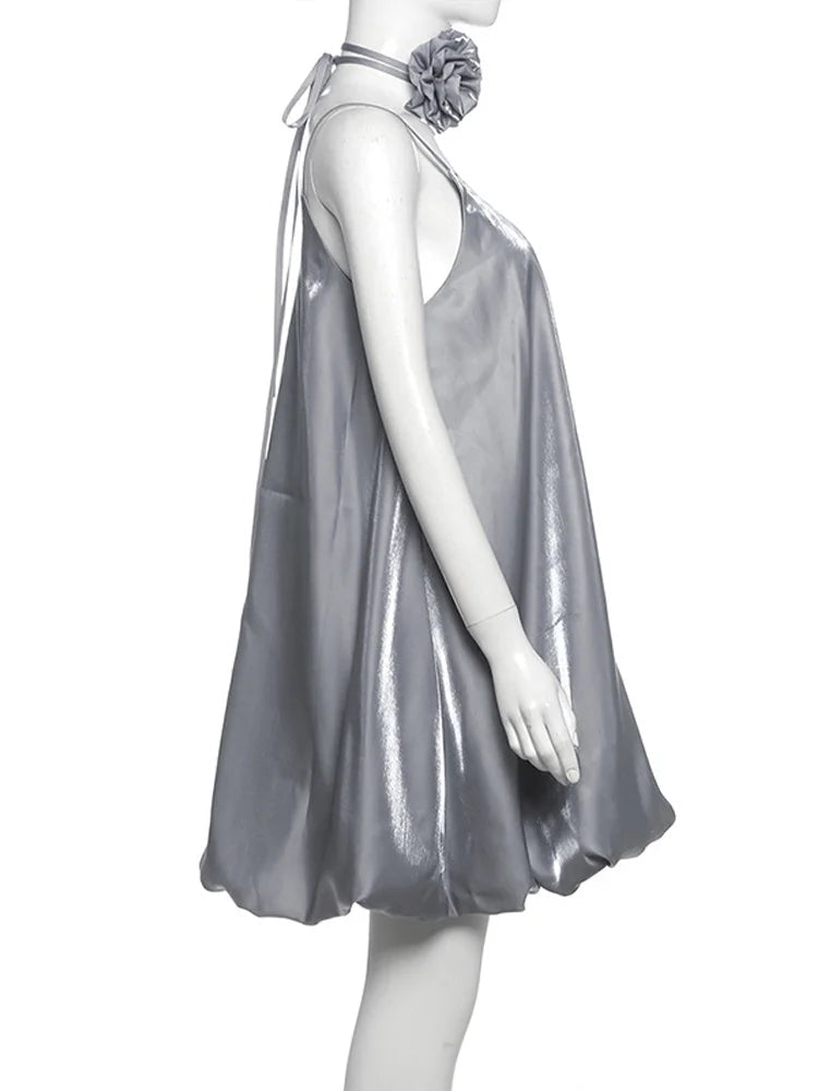 Aiertu  -  Fashion Glitter Dress Women Sling With Choker Sleeveless Backless Ruffle A-line Mini Dresses Female 2025 Spring Summer Lady Robe Aiertu