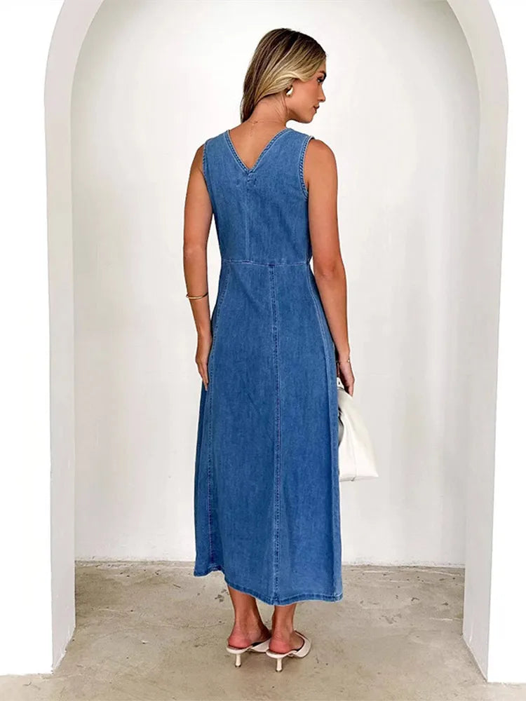 Aiertu  -  Vintage V-neck Woman's Denim Dress Baggy Sleeveless Maxi Dress Distressed Soild Long Skirt Summer Spring Elegant Lady Skirts Aiertu