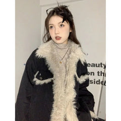 Aiertu  -  American Retro Fur Collar Black Cardigan Denim Jacket Women Autumn Winter New Plush Thickened Fashion Street Casual Jacket Aiertu