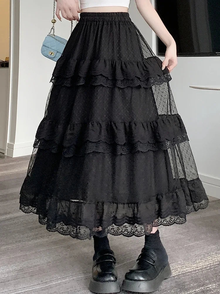 Aiertu  -   party look snspos White Black Mid Long Skirt Women Crochet Lace Skirt Goth Lolita Summer High Waist High Low Ruched Ruffle Pleated Skirts rok Aiertu